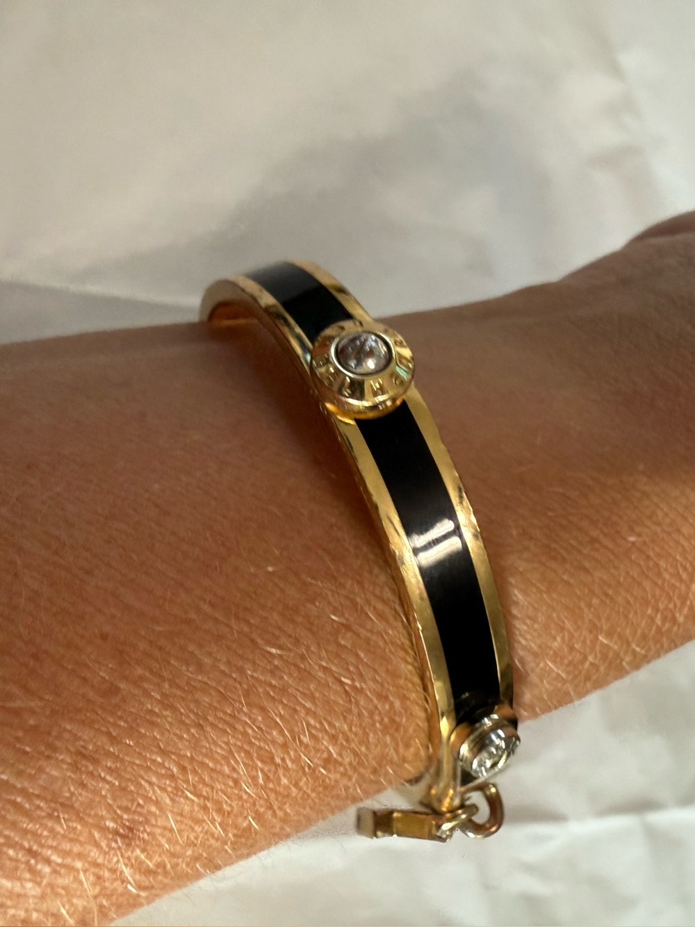 Henri Bendel Gold Tone Black Enamel Hinged Bangle with M Letter Charm Bracelet
